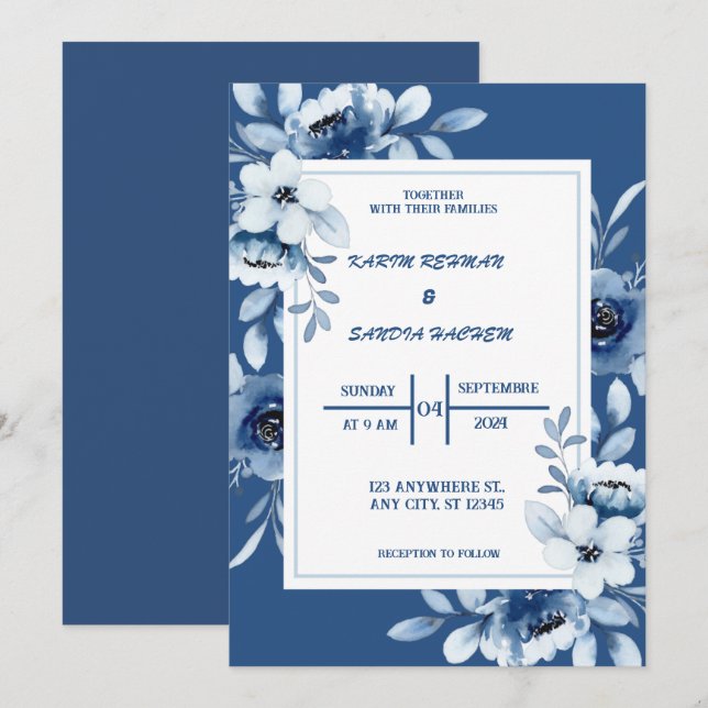  Floral Navy Blue Wedding  Invitation (Front/Back)