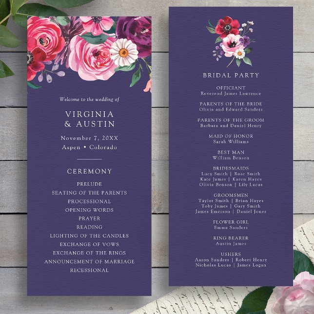 Floral Navy Blue Wedding Program Programme (Watercolor Floral Navy Blue Wedding Program by Painted Paperie
)