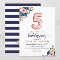 Floral Navy Blush Rose Gold Balloon 5th Birthday