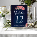 Floral navy blush script wedding guest table number<br><div class="desc">Modern floral wedding table number template with light blush pink peonies on midnight navy background and handwritten like typography script. Personalise it with your wedding guest information! When ordering, you have to customise it and put in the shopping cart one by one.The background colour and the text is editable. Personalise...</div>