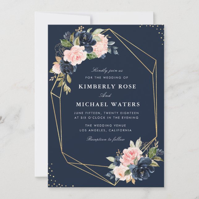 Floral Navy & blush watercolor geometric wedding Invitation (Front)