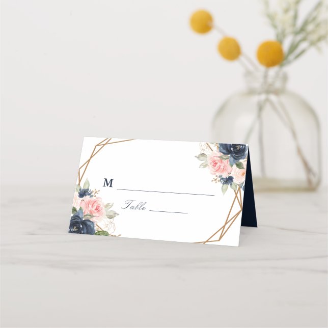 Floral Navy & blush watercolor geometric wedding Place Card (Front)
