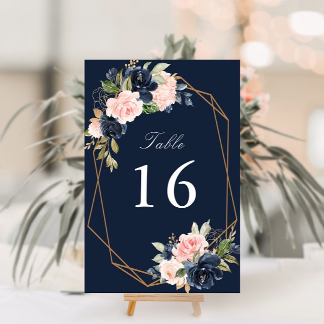 Floral Navy & blush watercolor geometric wedding Table Number (Creator Uploaded)