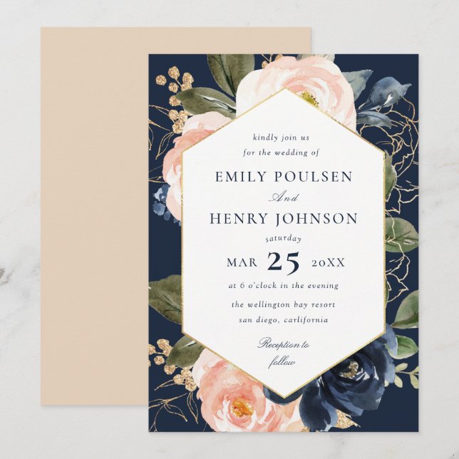 Floral navy & blush watercolor wedding invitation (Front/Back)