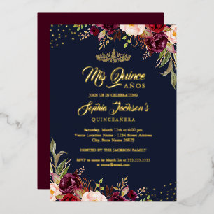 Floral Navy Burgundy Red Gold Quinceanera