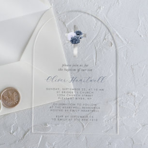 Floral Navy Dusty Blue Silver Cross Boys Baptism Acrylic Invitations