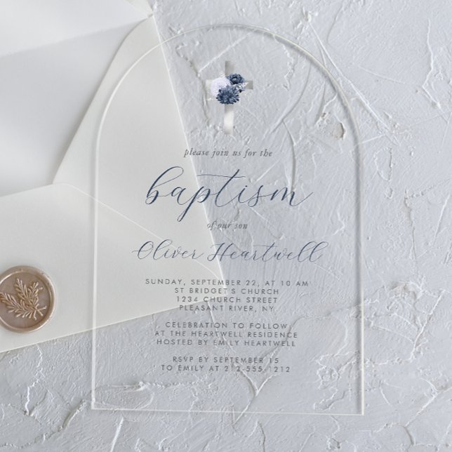 Floral Navy Dusty Blue Silver Cross Boys Baptism Acrylic Invitations (Creator Uploaded)