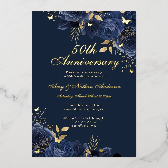 Floral Navy Gold 50th Wedding Anniversary (Front)