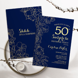 Floral Navy Gold Surprise 50th Birthday Party Invitation