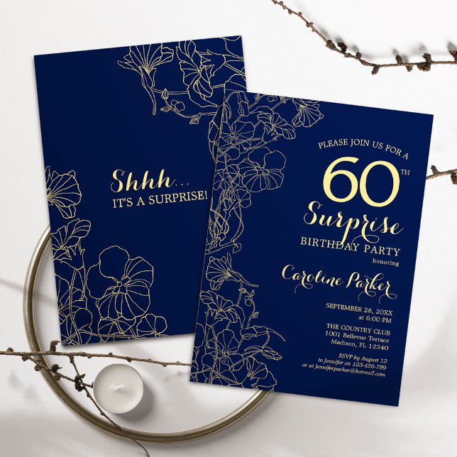 Floral Navy Gold Surprise 60th Birthday Party Invitation (Creator Uploaded)