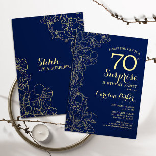 Floral Navy Gold Surprise 70th Birthday Party Invitation