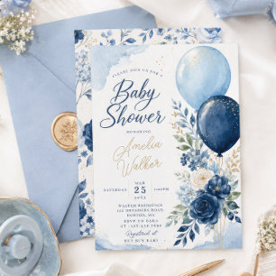 Floral Navy It's a Boy Balloon Baby Shower Invitation