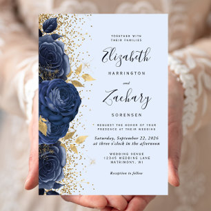 Floral Navy Light Blue Gold Wedding Invitation