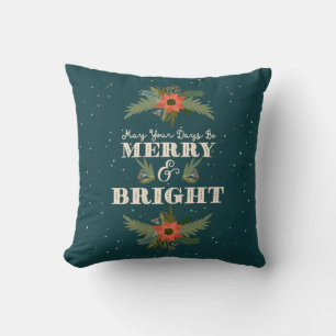 Floral Navy Merry and Bright Christmas Cushion
