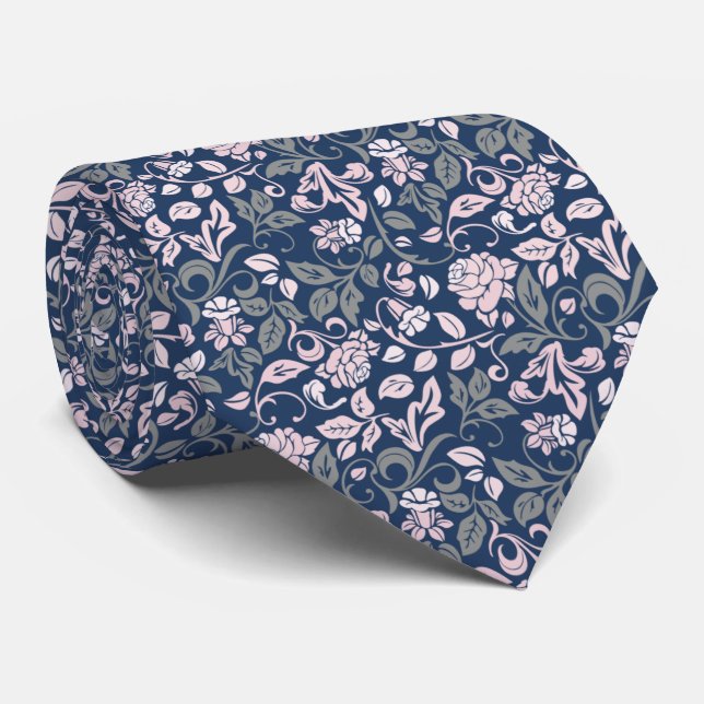 Floral Navy & Pink Rose Vine Pattern Tie (Rolled)