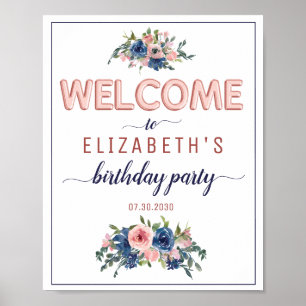 Floral Navy Rose Gold Balloon Birthday Welcome Poster
