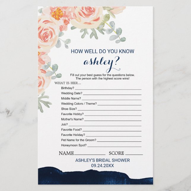 Floral & Navy Watercolor What's In Your Purse Game (Front)