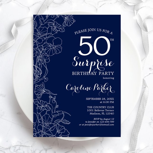 Floral Navy White Surprise 50th Birthday Party Invitation (Creator Uploaded)