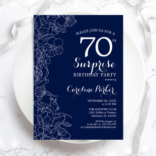 Floral Navy White Surprise 70th Birthday Party Invitation