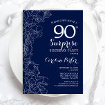 Floral Navy White Surprise 90th Birthday Party Invitation<br><div class="desc">Floral navy blue and white surprise 90th birthday party invitation. Minimalist modern design featuring botanical accents and typography script font. Simple floral invite card perfect for a stylish female surprise bday celebration. Can be customised to any age. Printed Zazzle invitations or instant download digital printable template.</div>