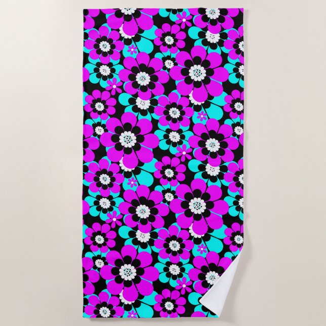 Floral Neon Pattern Purple and Turquoise Flowers  Beach Towel (Front)