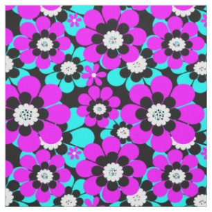 Floral Neon Pattern Purple and Turquoise Flowers Fabric
