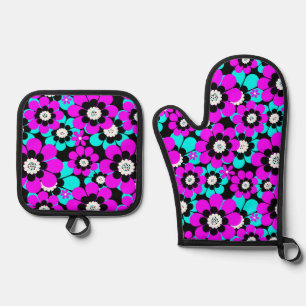 Floral Neon Pattern Purple and Turquoise Flowers Oven Mitt & Pot Holder Set