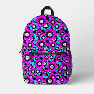 Floral Neon Pattern Purple and Turquoise Flowers Printed Backpack