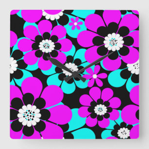 Floral Neon Pattern Purple and Turquoise Flowers Square Wall Clock