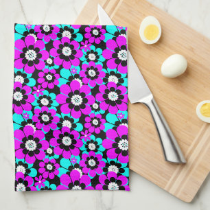 Floral Neon Pattern Purple and Turquoise Flowers  Tea Towel
