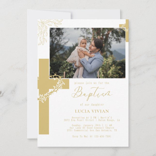 Floral Neutral Cross Minimalist Baptism Photo Invitation (Front)