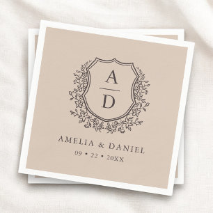 Floral Neutral Taupe Crest Wedding Monogram Napkin
