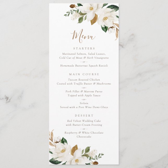 Floral Neutral White Magnolia Beige Elegant Modern Menu (Front)