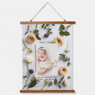 Floral New Baby Name Birth Stats Photo  Hanging Tapestry