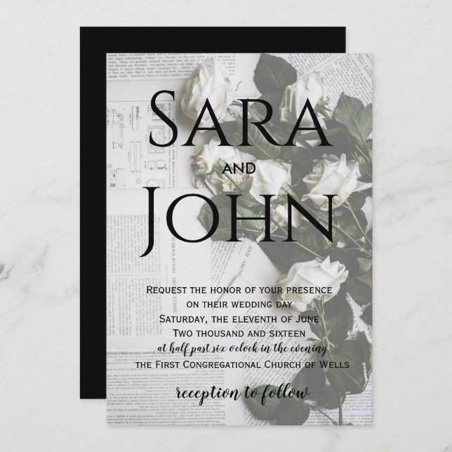 floral newspaper rustic wedding invitation (Front/Back)