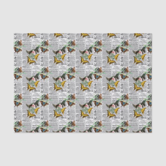 Floral Newsprint Butterfly Tissue Paper (Front)