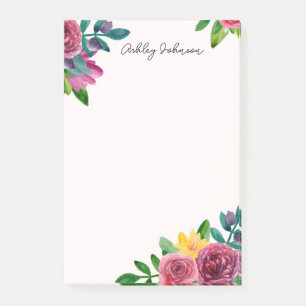 Floral notes. Watercolor pink flowers. Botanical Post-it Notes