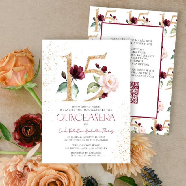 Floral Number 15 Burgundy Gold QR Quinceañera Invitation (Creator Uploaded)