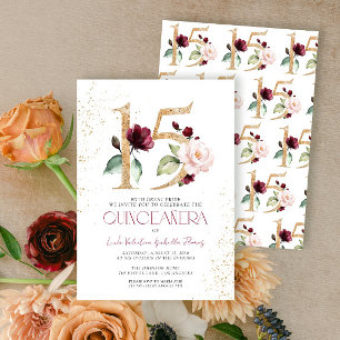 Floral Number 15 Burgundy Gold Quinceañera Invitation