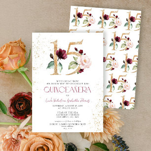 Floral Number 15 Burgundy Gold Quinceañera Invitation