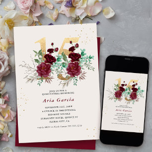 Floral Number 15 Burgundy Red and Gold Quinceanera Invitation