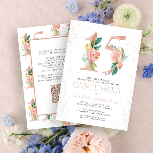 Floral Number 15 Pink Rose Gold QR Quinceañera Invitation (Creator Uploaded)