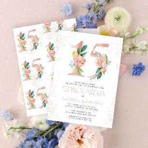 Floral Number 15 Pink Rose Gold Quinceañera Invitation