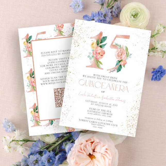 Floral Number 15 QR Pink Rose Gold Quinceañera Invitation (Creator Uploaded)