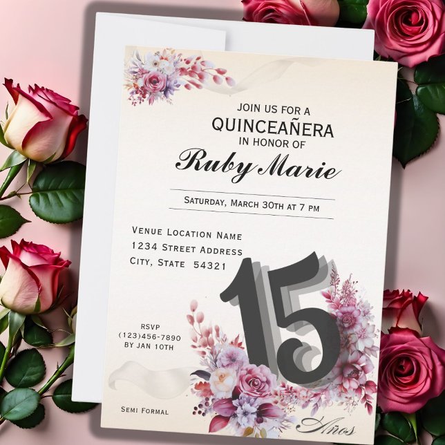 Floral Number 15 Rose Tones Quinceanera Invitation (Creator Uploaded)