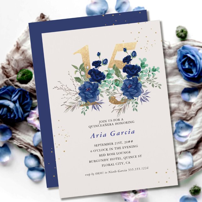 Floral Number 15 Royal Blue and Gold Quinceanera Invitation (Creator Uploaded)
