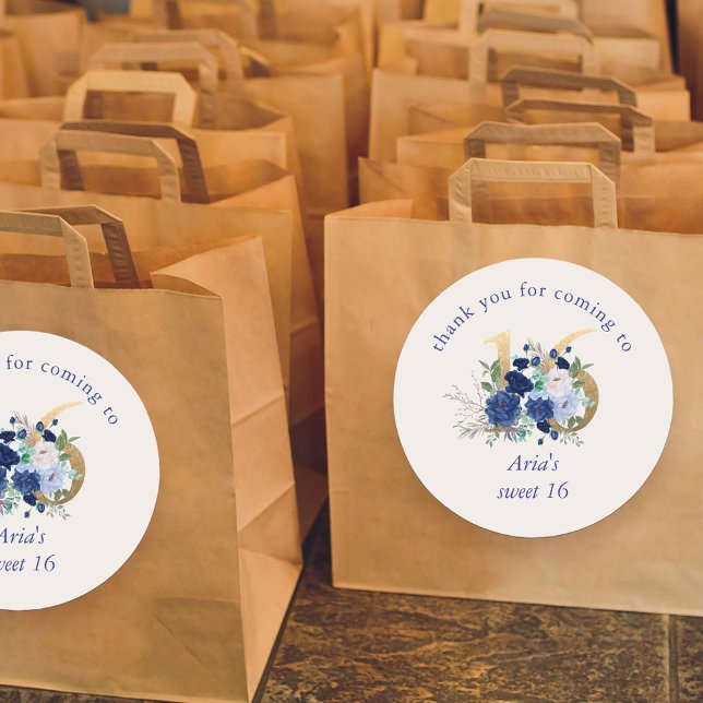 Floral Number 16 Ivory Royal Blue Gold Sweet 16 Classic Round Sticker (Sweet 16 favor stickers  with royal blue and ivory roses from my Royal Rose collection)