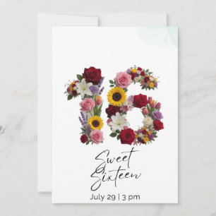 Floral Number 16 Sweet Sixteen Birthday Invitation