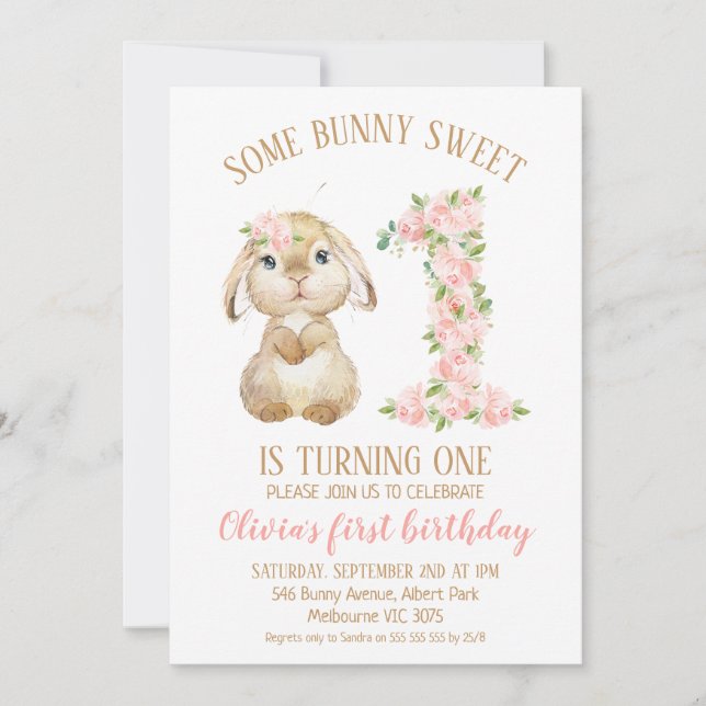 Floral Number Bunny Rabbit 1st Birthday Invitation (Front)