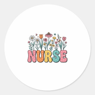 Floral Nurse Bubble Letter Vintage Style Shirt Des Classic Round Sticker